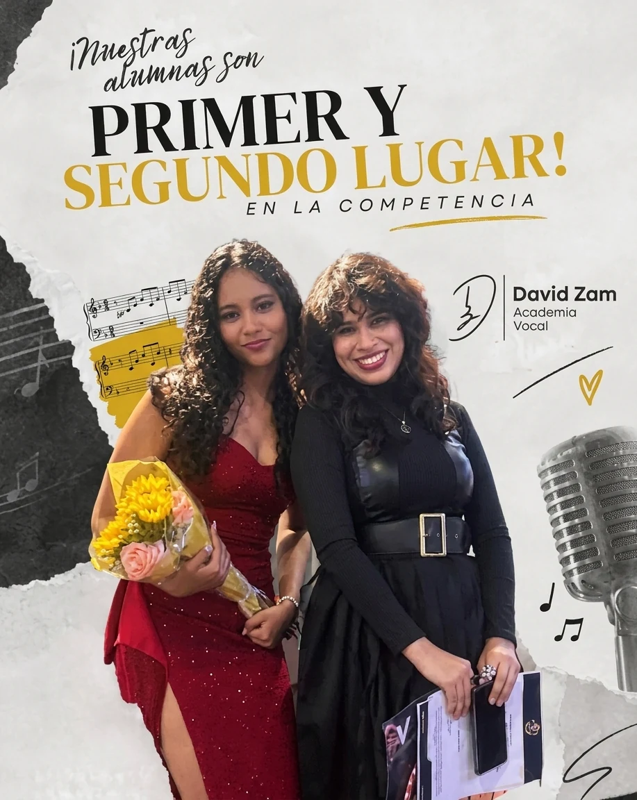 Pieza de reconocimiento de dos alumnas con el texto: Nuestras alumnas son primer y segundo lugar en la competencia
