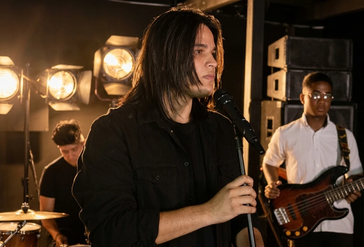 David con micrófono junto a músicos bajo luces cálidas